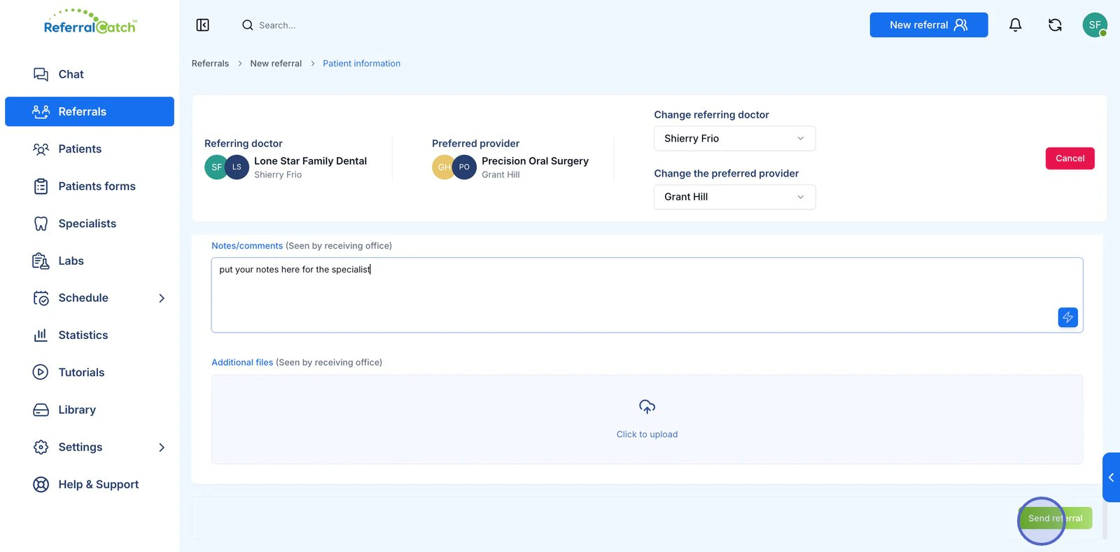 Notes typed for the specialist — Send referral button visible in the bottom-right corner