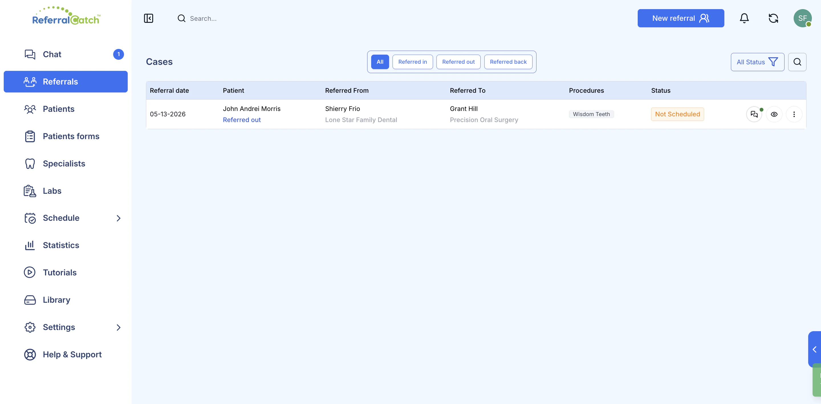 Referrals list showing the submitted referral with Not Scheduled status