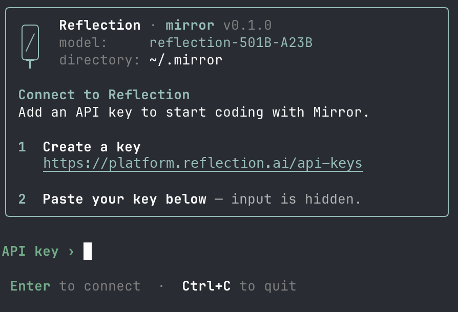 Mirror CLI's Connect to Reflection screen, showing the model Beam-501B-A23B, a link to create an API key, and an API key prompt