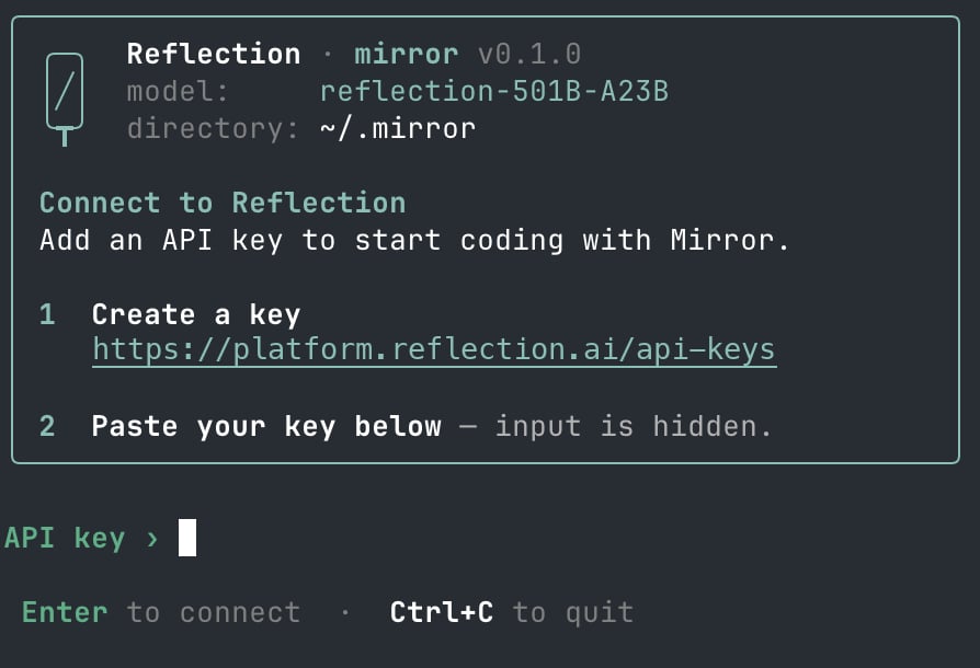 Mirror CLI's Connect to Reflection screen, showing the model Beam-501B-A23B, a link to create an API key, and an API key prompt