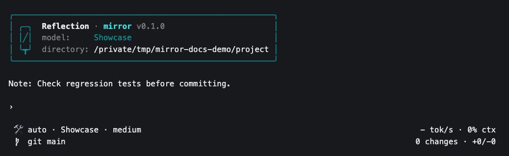 A custom workspace reminder displayed above the Mirror prompt