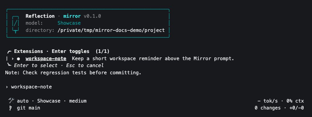 Mirror extensions picker filtered to workspace-note, with the extension enabled
