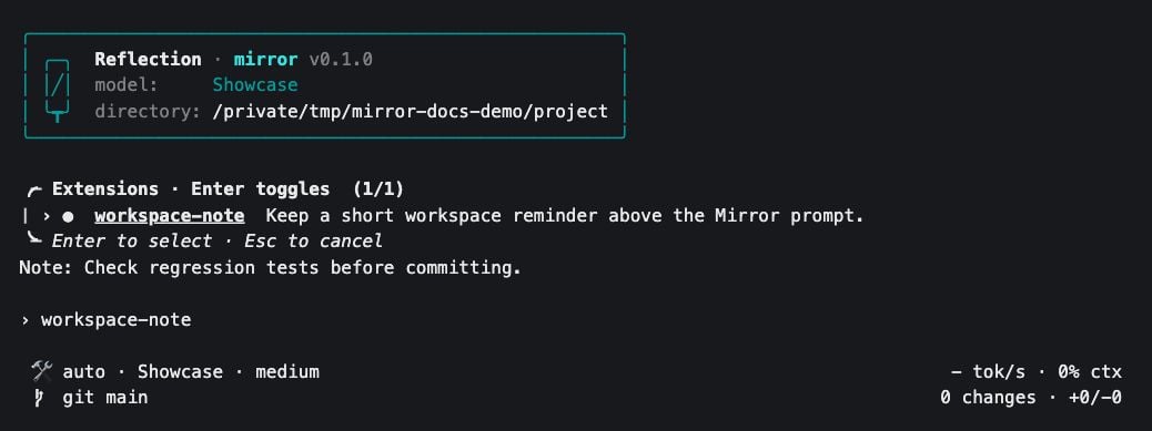 Mirror extensions picker filtered to workspace-note, with the extension enabled