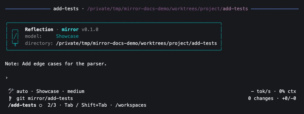 Mirror in the add-tests workspace with its branch, selected workspace indicator, and a workspace-specific reminder