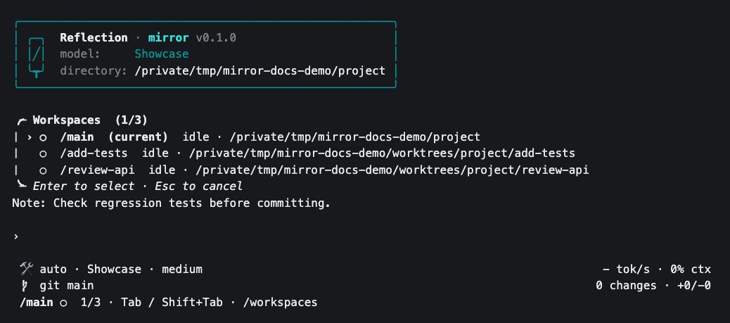 Mirror workspace picker showing the original checkout and two separate task workspaces