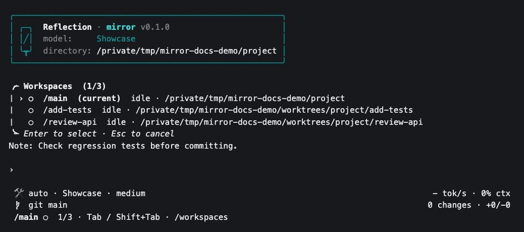 Mirror workspace picker showing the original checkout and two separate task workspaces