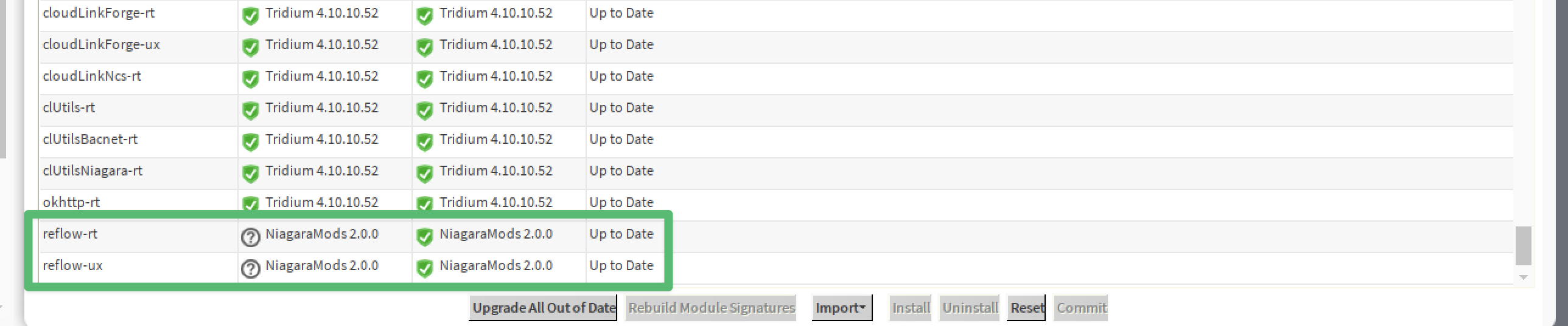 The Software Manager list showing reflow-rt and reflow-ux marked Up to Date