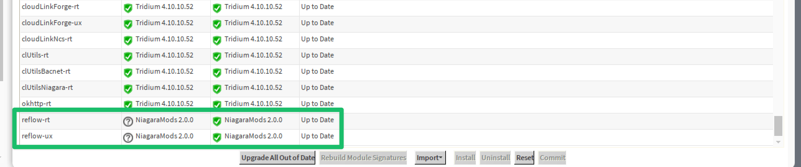 The Software Manager list showing reflow-rt and reflow-ux marked Up to Date