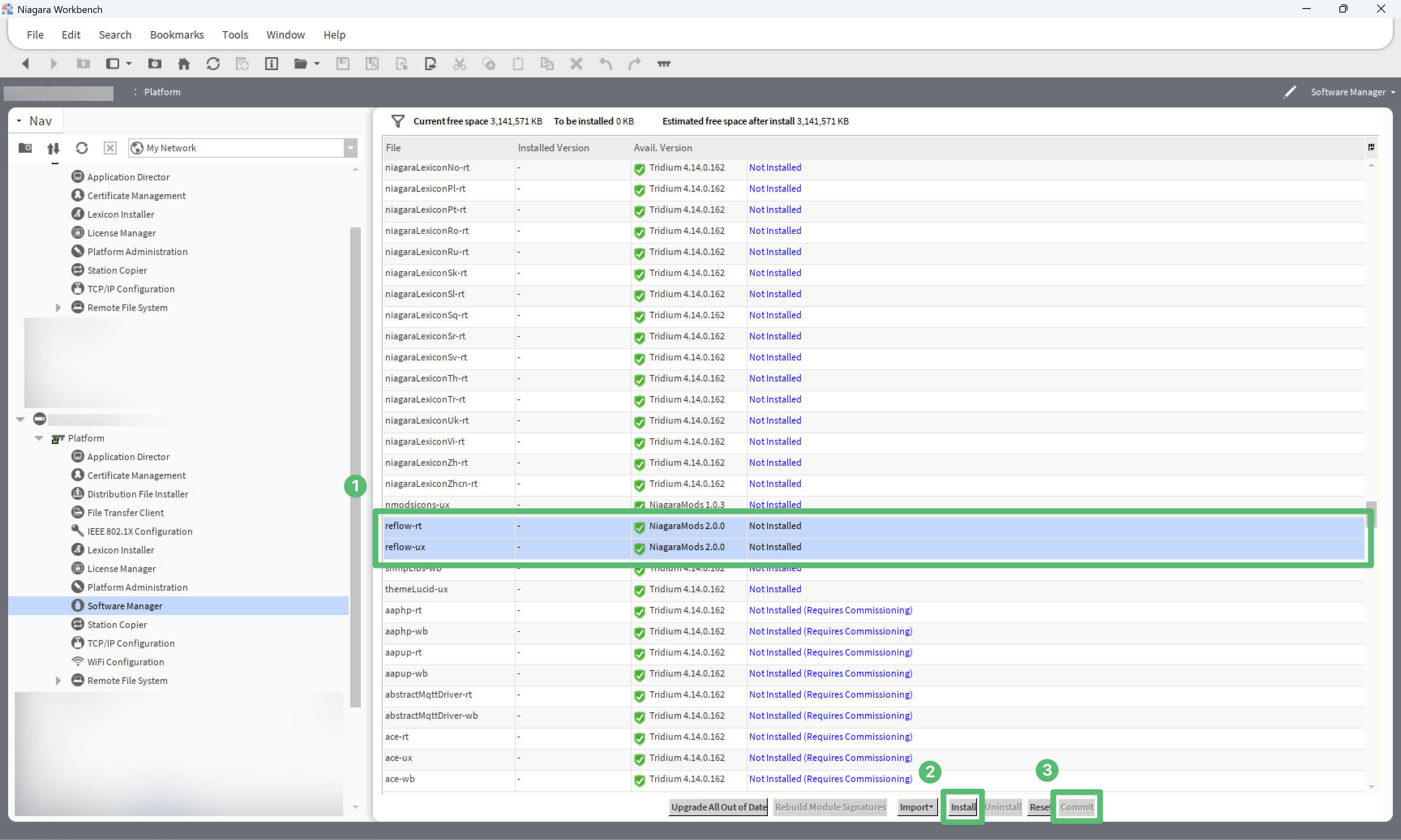 The Software Manager with reflow-rt and reflow-ux selected, and the Install and Commit buttons below the module list