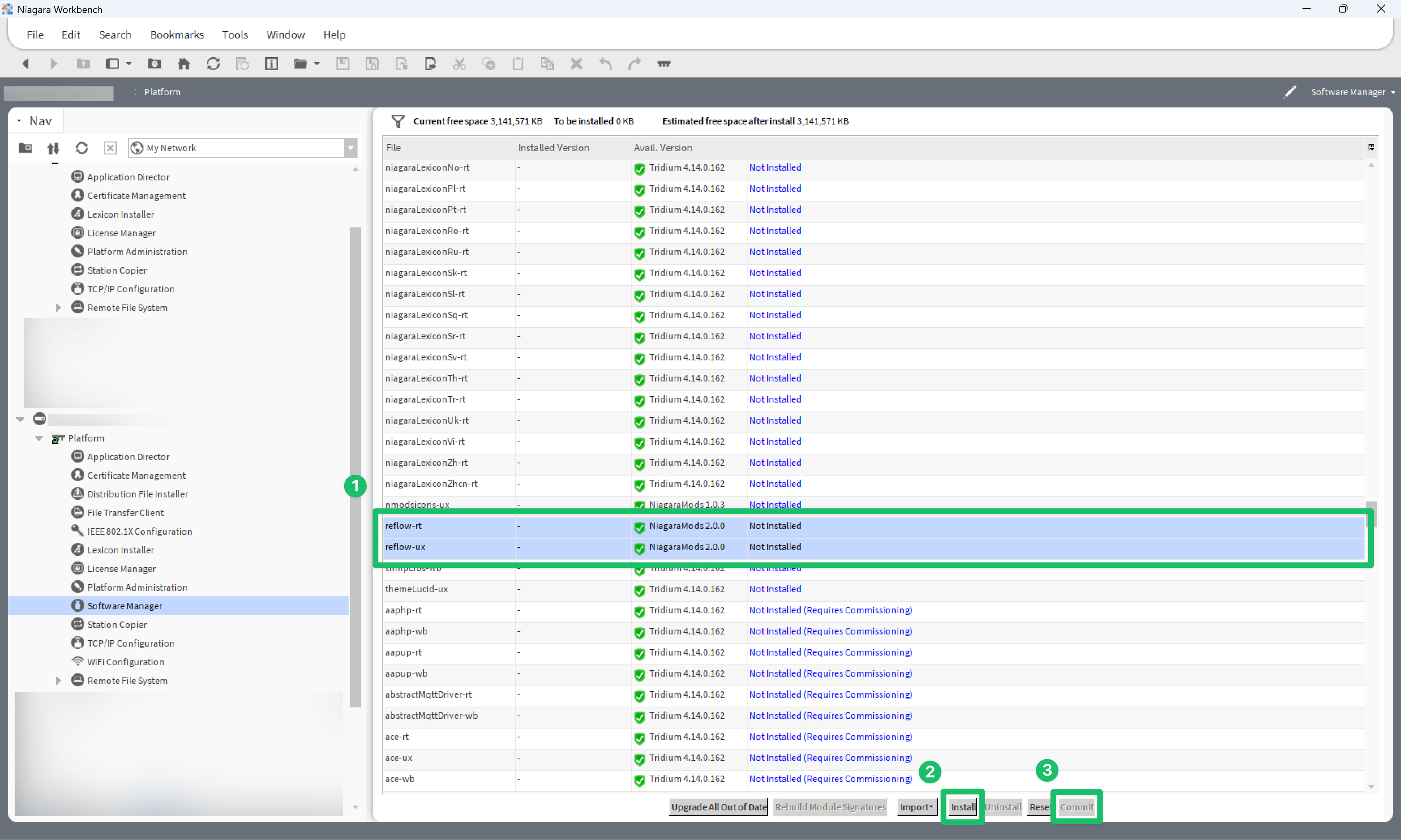The Software Manager with reflow-rt and reflow-ux selected, and the Install and Commit buttons below the module list
