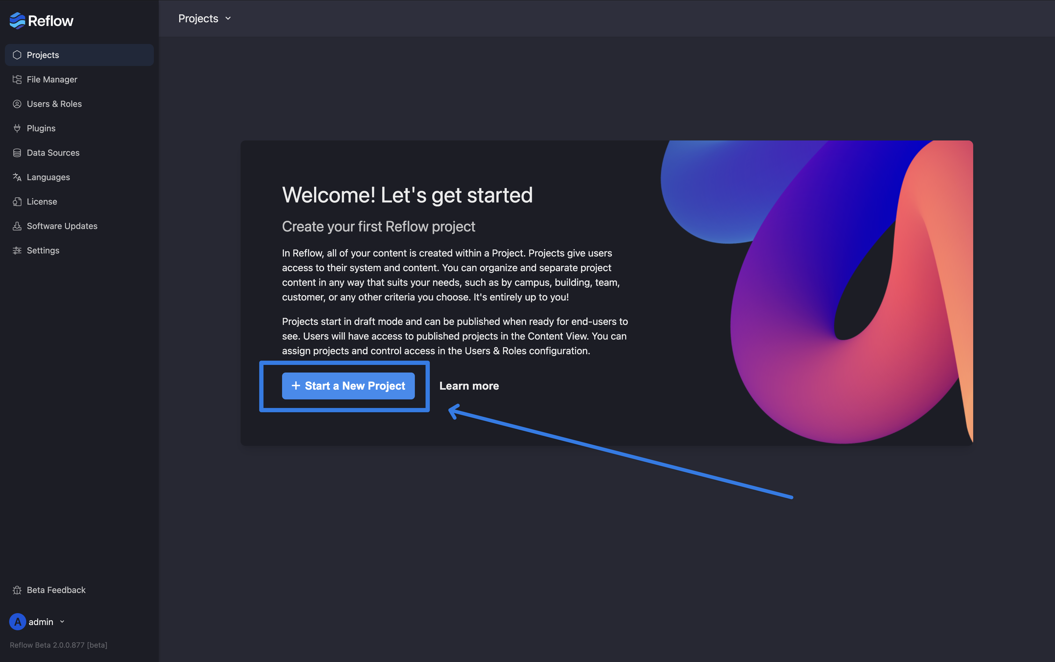 The Reflow welcome screen with the Start a New Project button