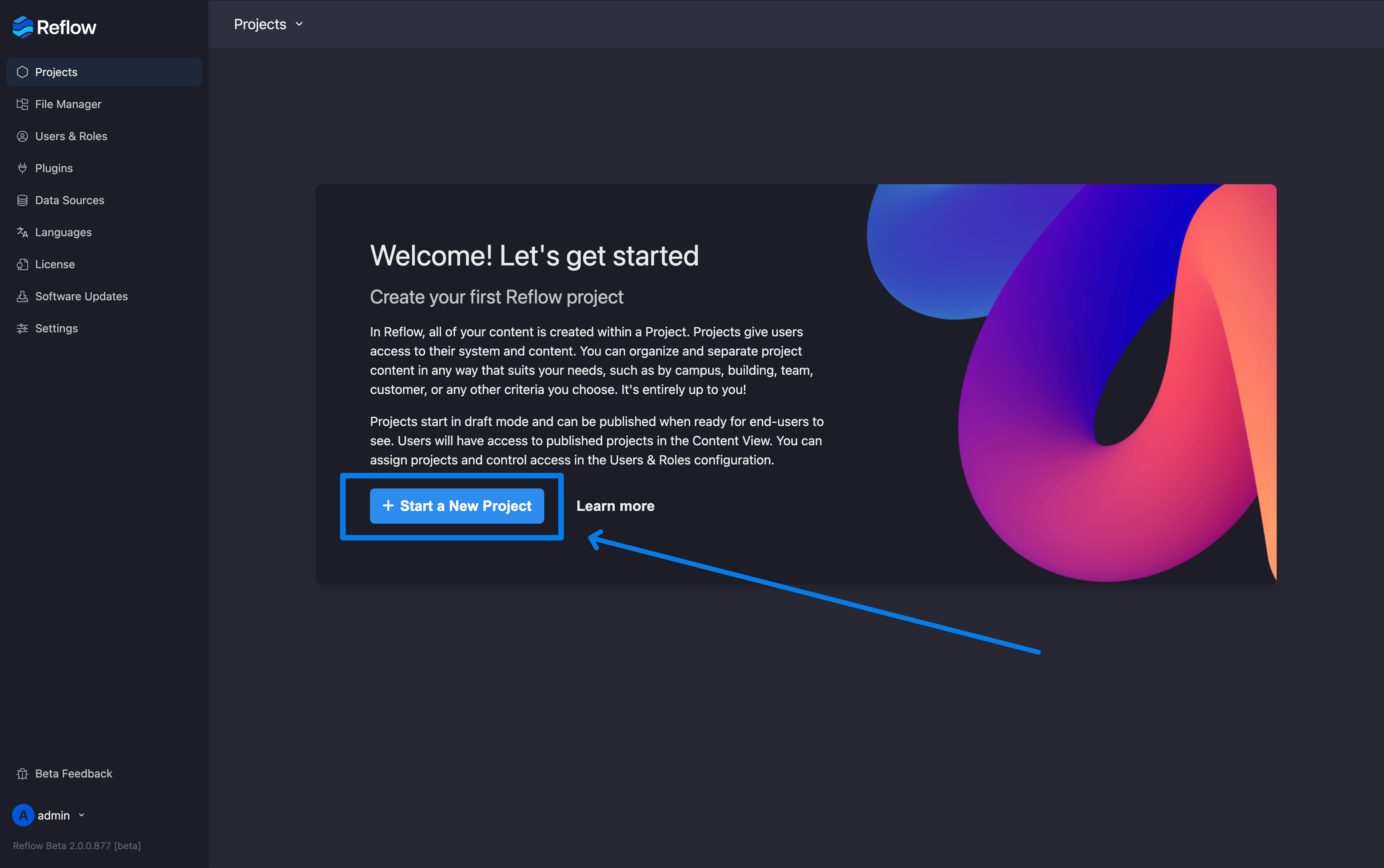 The Reflow welcome screen with the Start a New Project button