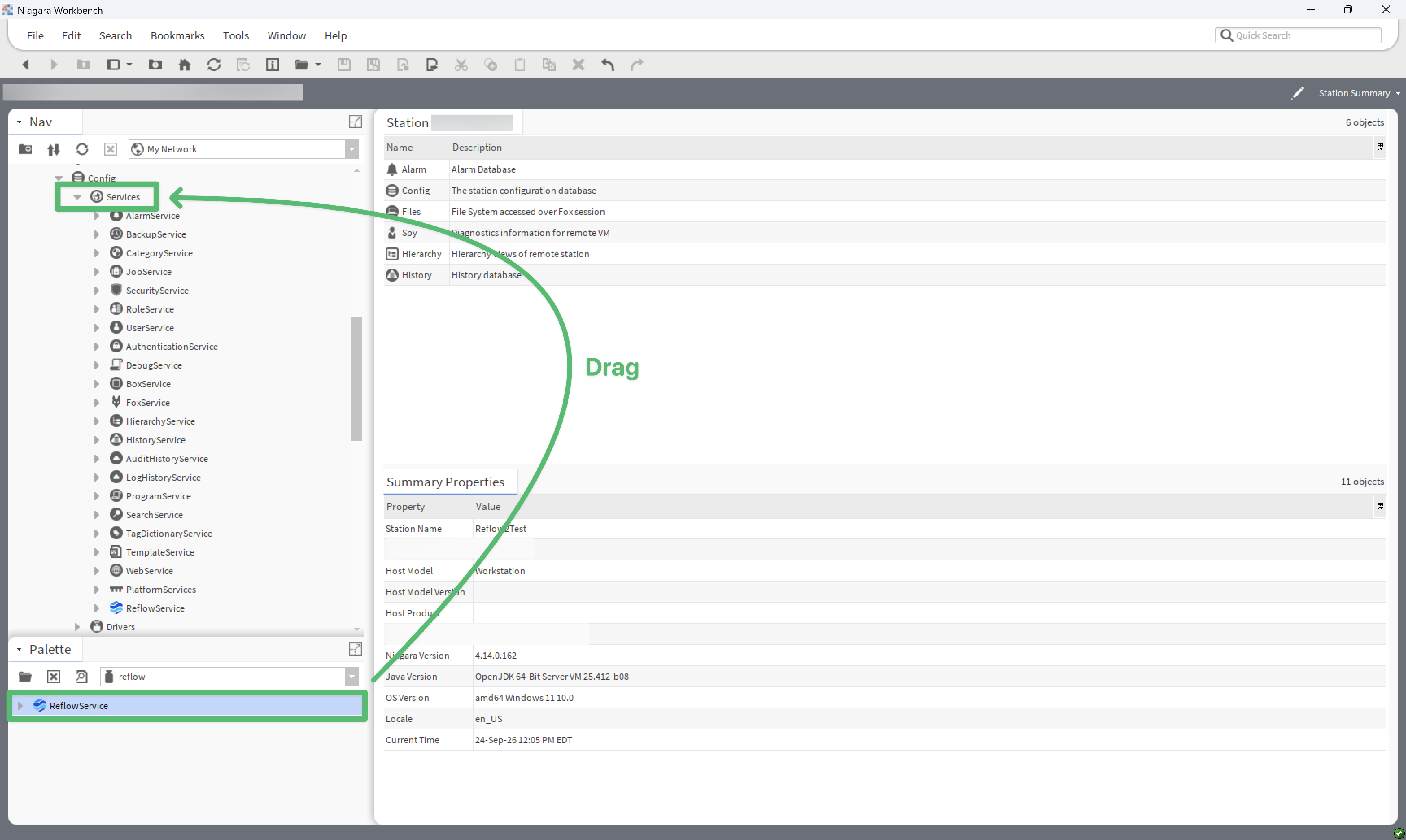 ReflowService being dragged from the Palette into Services in the station tree