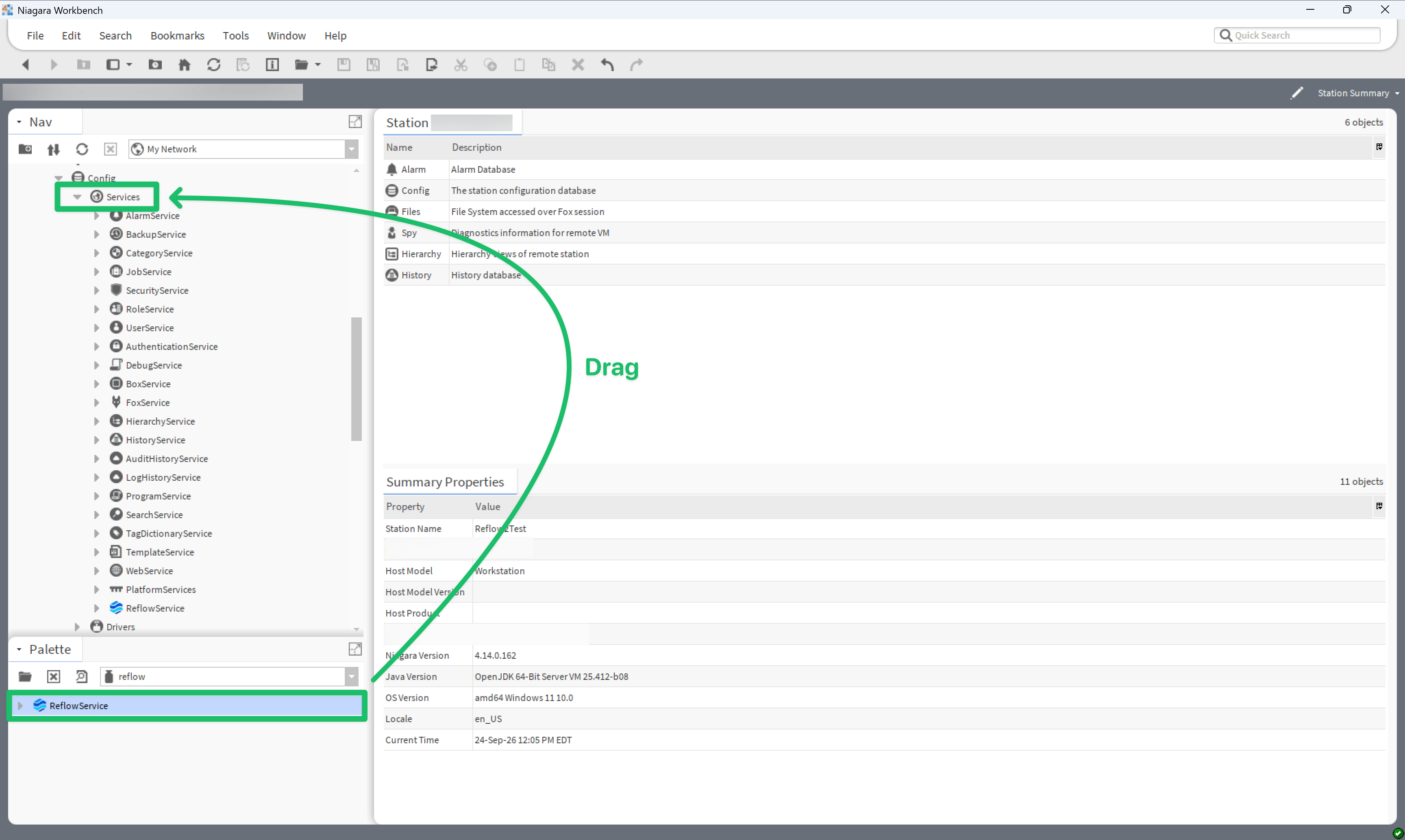 ReflowService being dragged from the Palette into Services in the station tree