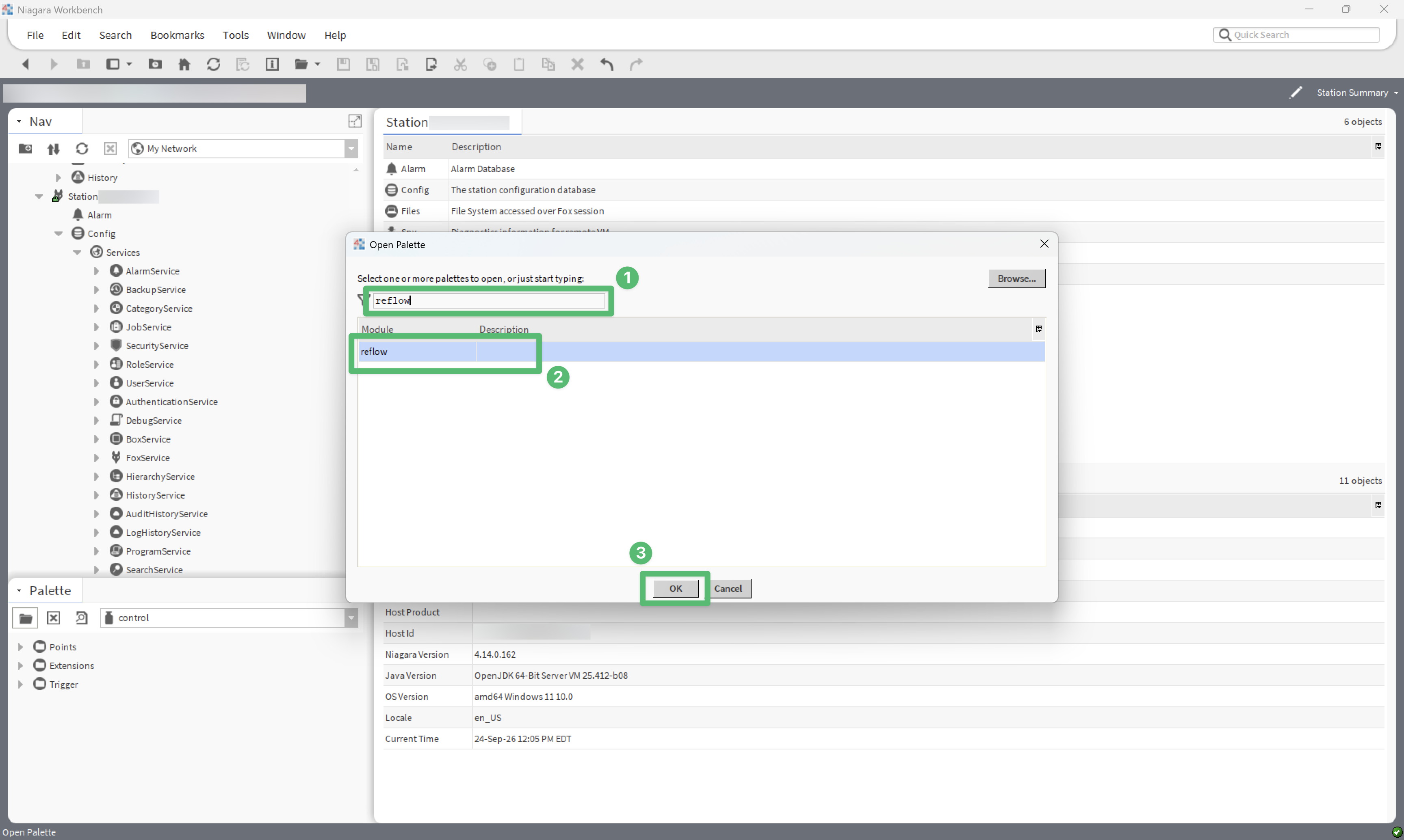 The Open Palette dialog with reflow typed in the search box and the reflow module selected in the results