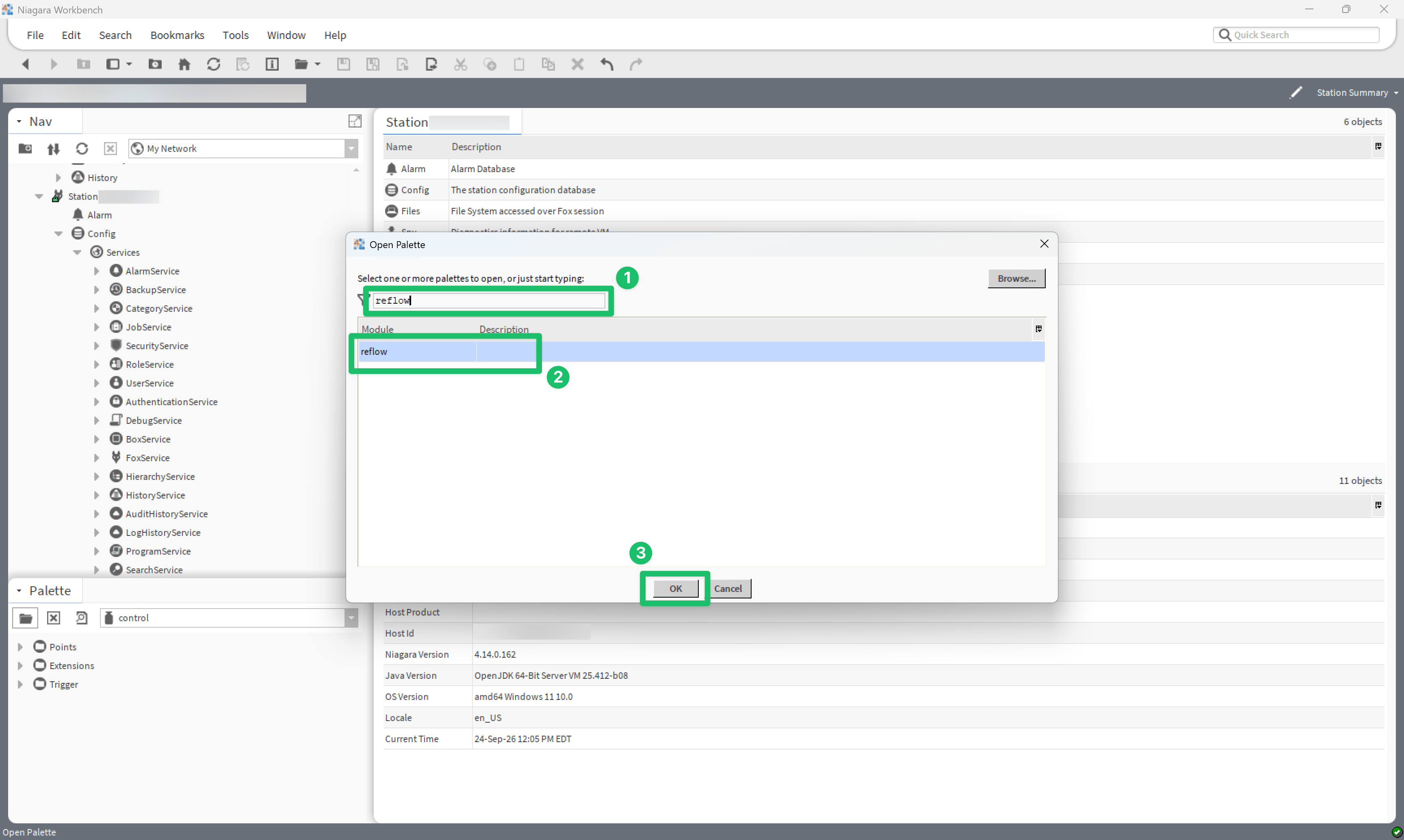 The Open Palette dialog with reflow typed in the search box and the reflow module selected in the results