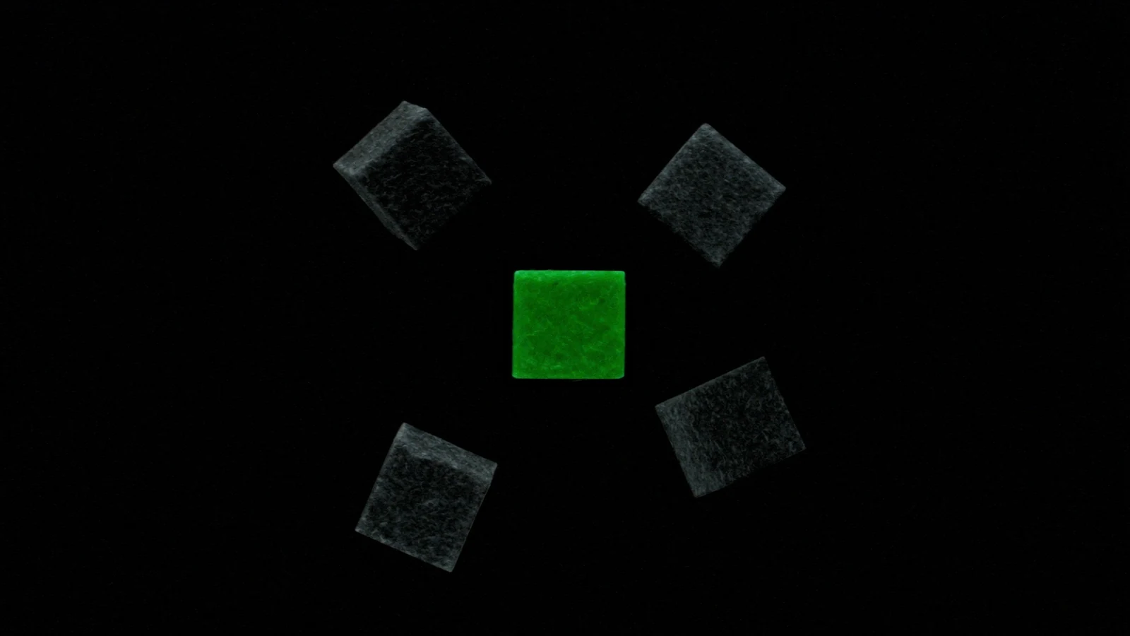 Scattered matt cubes converging towards a single cube lit in green