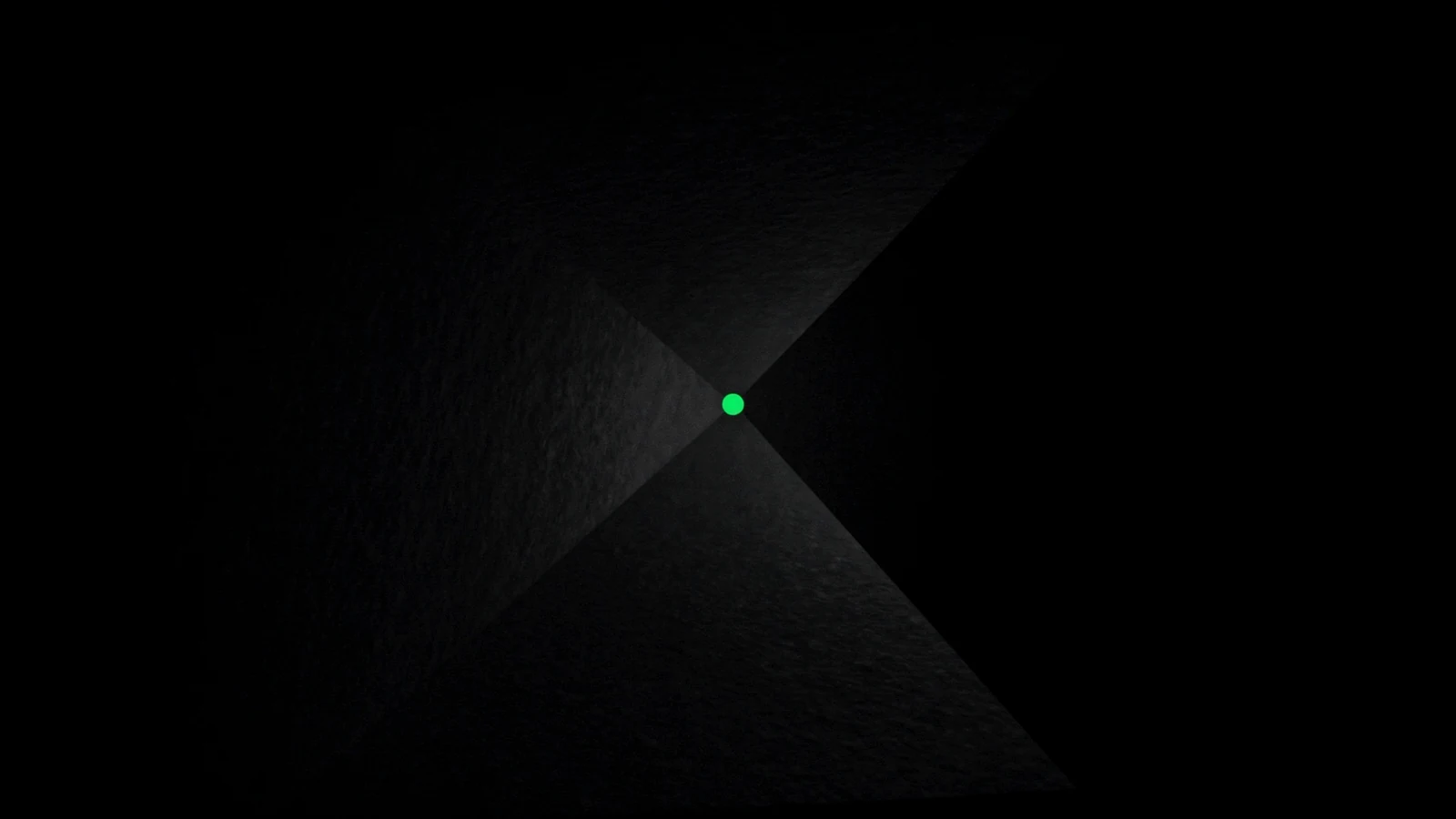 A corridor of matte panels receding into the dark, with a single point of green light at its end