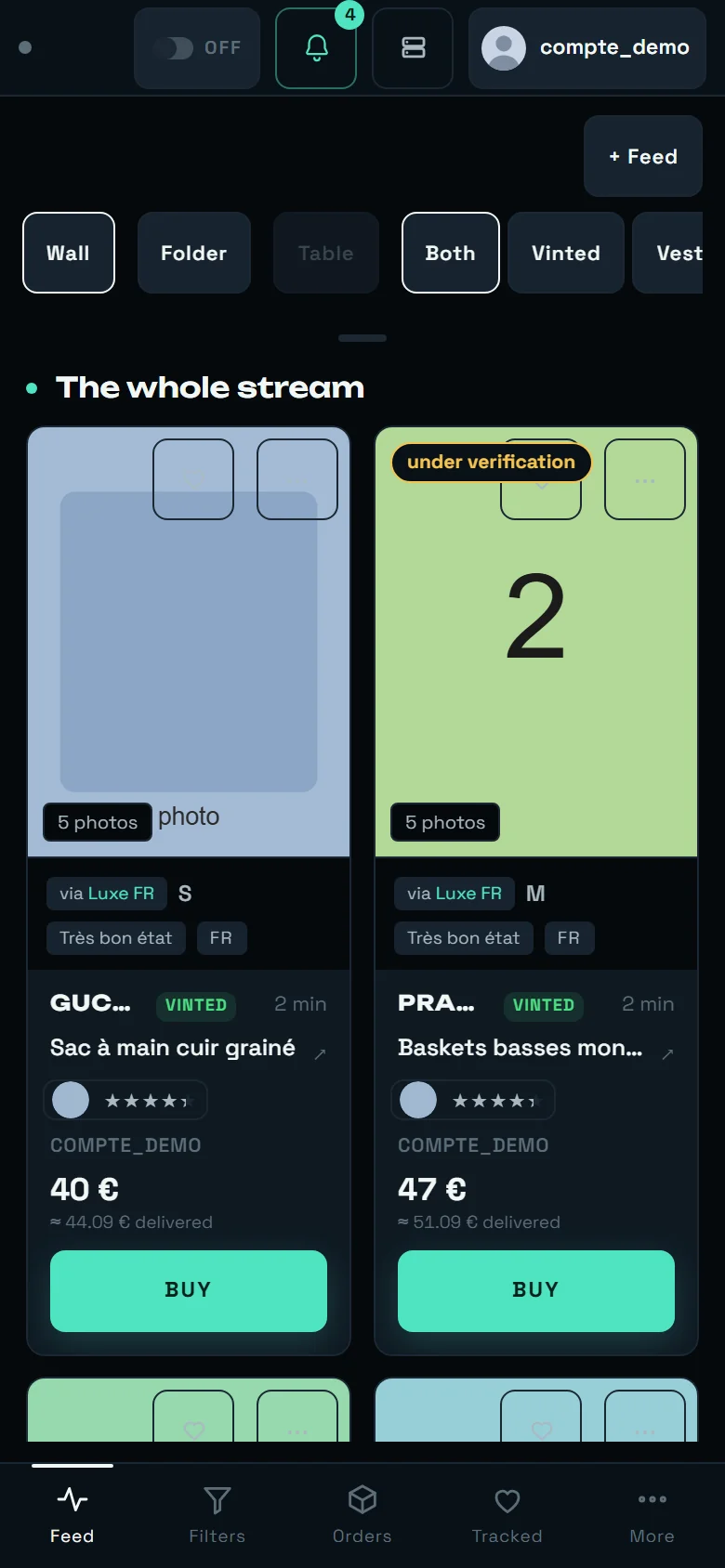 The REGA dashboard on a phone with the controls unfolded under the header: the + Feed button, the Wall, Folder and Table chips with Table greyed out, and the Both, Vinted and Vestiaire chips on one scrolling line