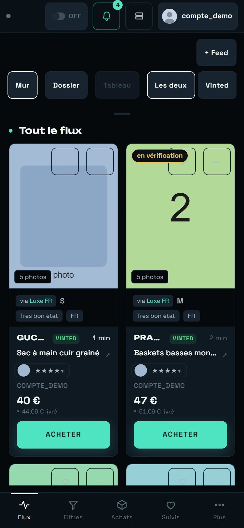 Le tableau de bord de REGA sur téléphone avec les commandes dépliées sous l'en-tête : le bouton + Feed, les puces Mur, Dossier et Tableau avec Tableau grisée, et les puces Les deux, Vinted et Vestiaire sur une ligne qui défile