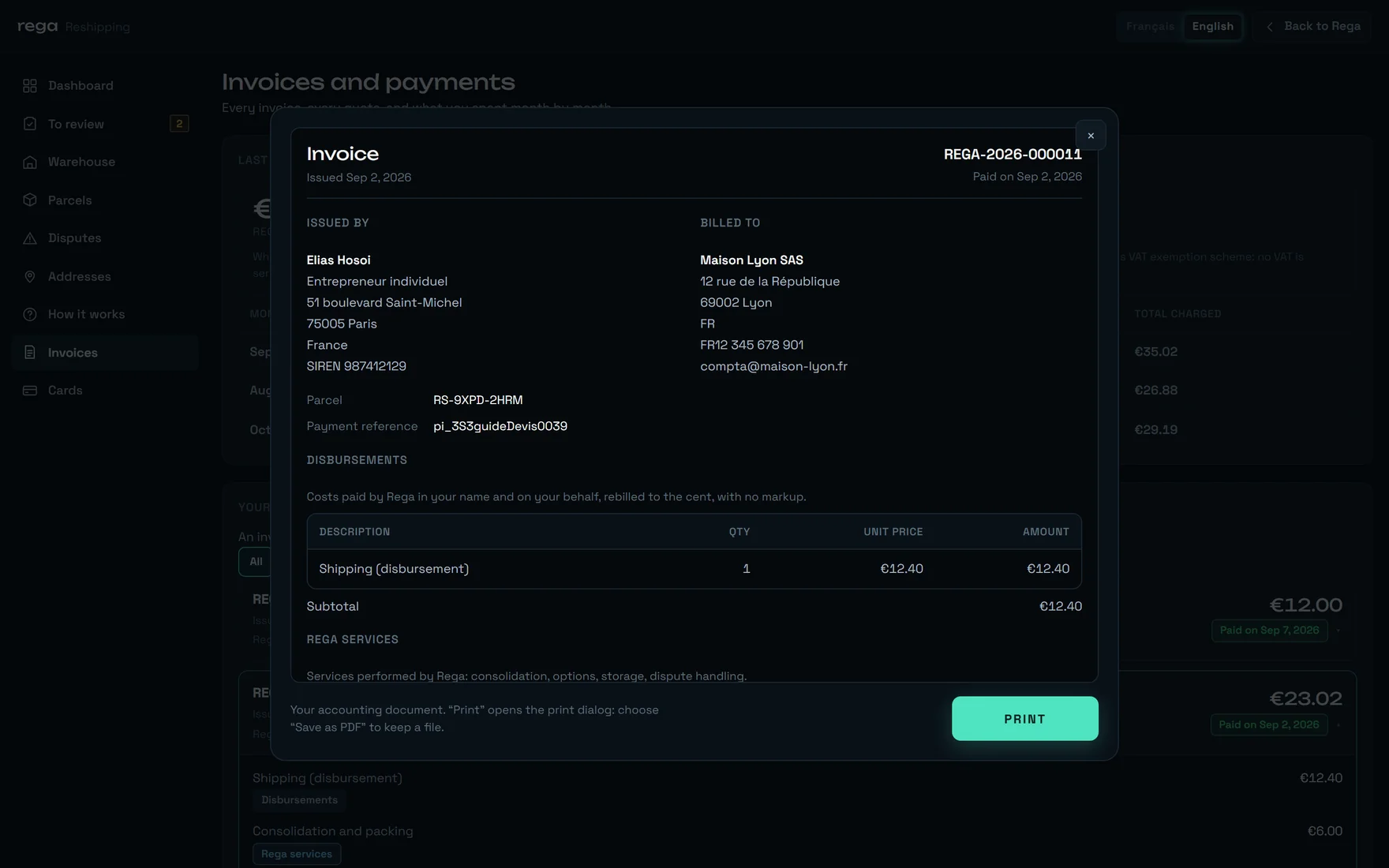 The invoice document in its window: the Invoice title, the number, the Paid on stamp, the Issued by and Billed to blocks, the Parcel and Payment reference fields, and the Disbursements block with its Shipping line.