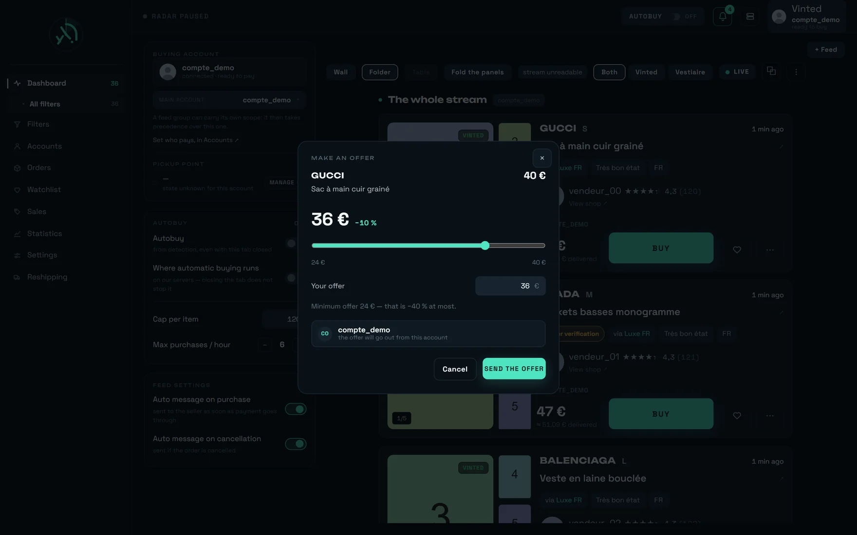 The MAKE AN OFFER window over the dashboard: the slider between the floor and the listed price, the Your offer field, and the Send the offer button