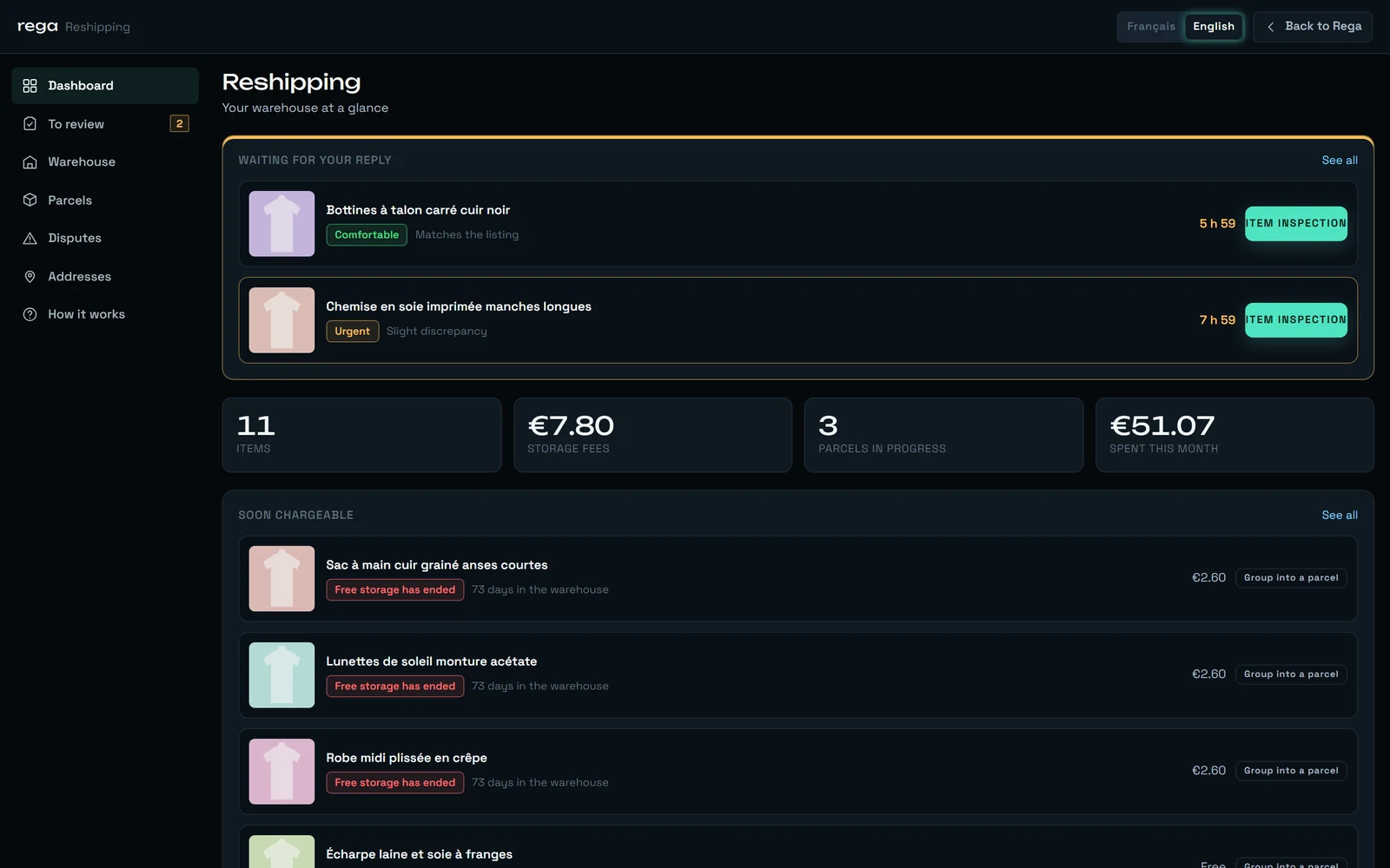 The reshipping dashboard, with “Français” and “English” buttons in the top bar, a “Waiting for your reply” queue of two items, and four counters