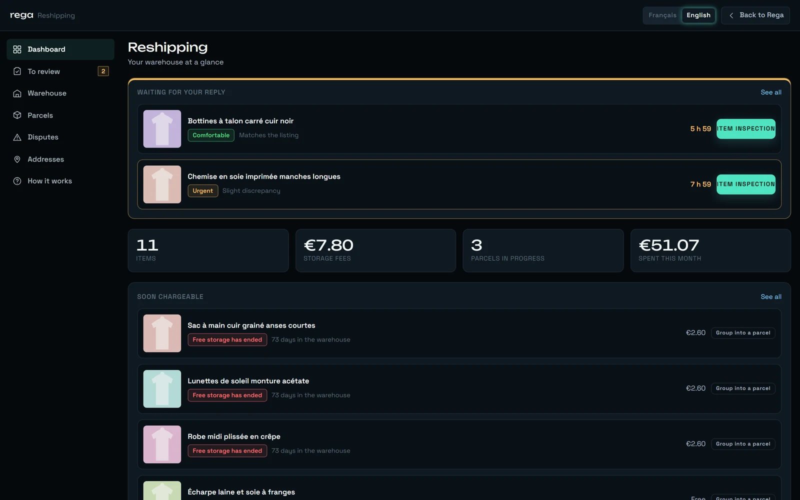 The reshipping dashboard, with “Français” and “English” buttons in the top bar, a “Waiting for your reply” queue of two items, and four counters