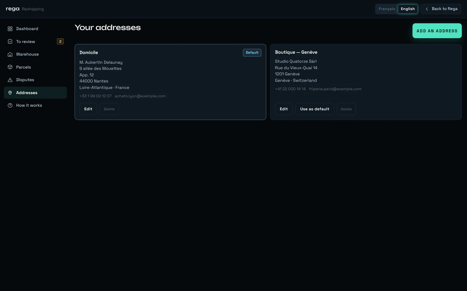 The Addresses screen of reshipping, listing delivery addresses with one of them marked as the default