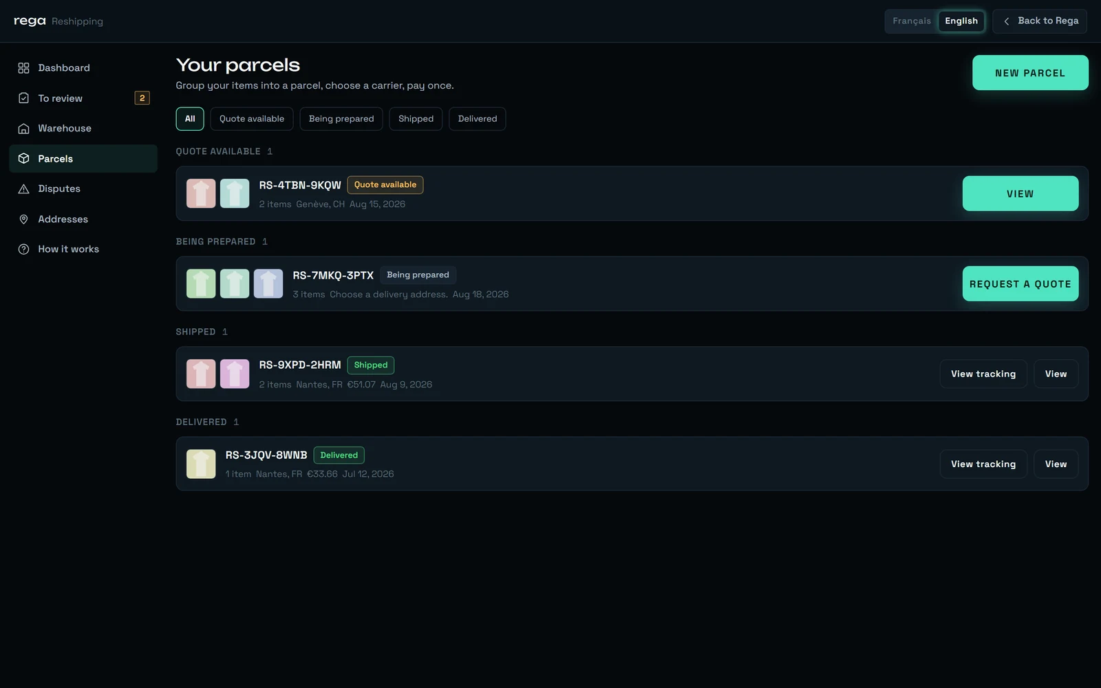 The “Your parcels” screen: parcels grouped by state — quote available, being prepared, shipped, delivered