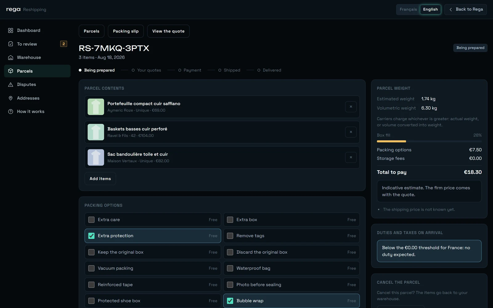 The detail page of a parcel, showing its items, its chargeable weight, its invoice lines and the carrier quotes below