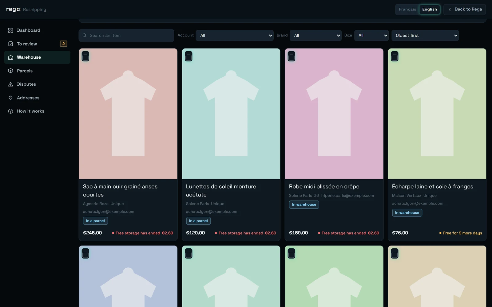 The Warehouse screen: a grid of item cards, grouping suggestions with an estimated saving, and the account, brand and size filters