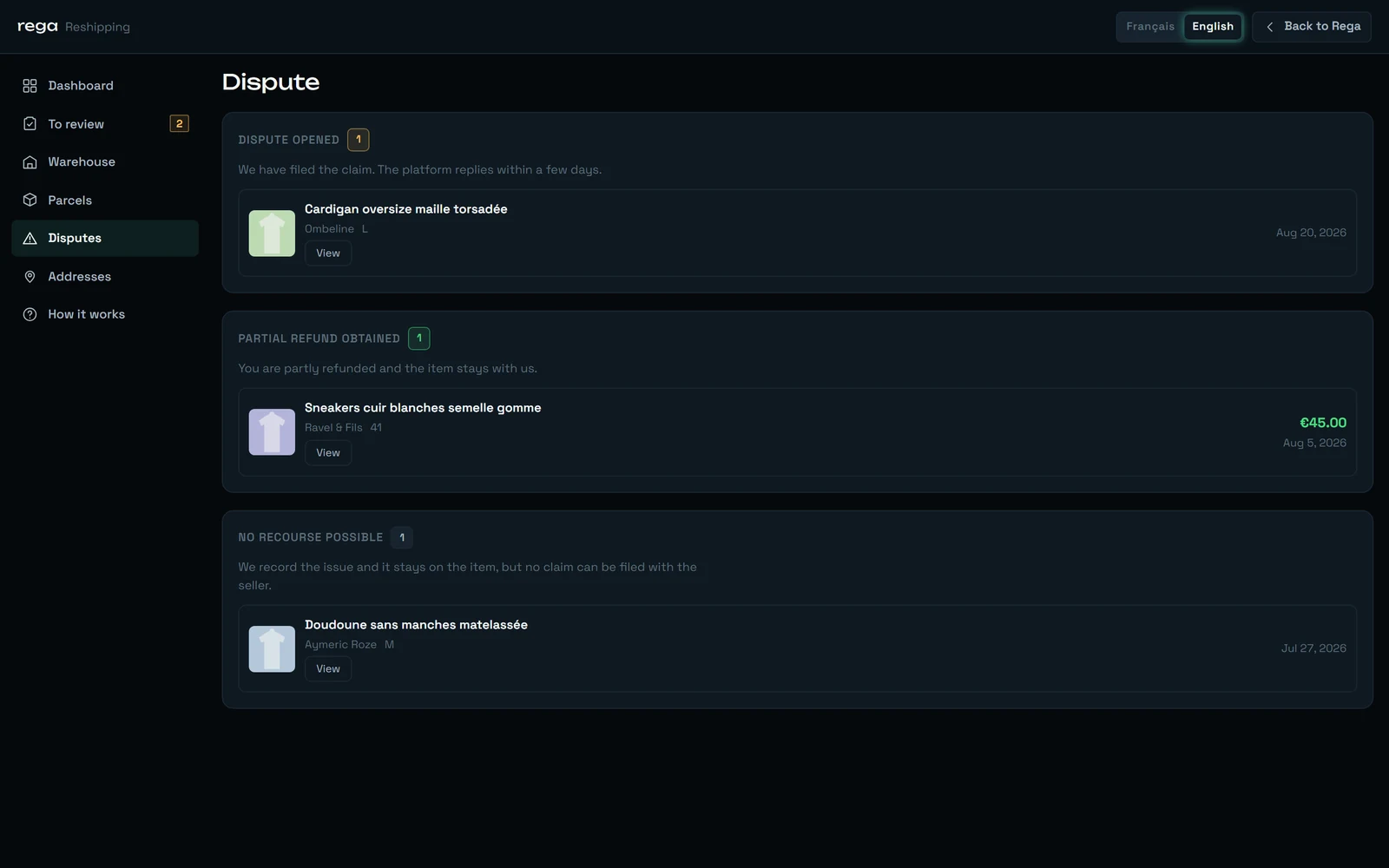 The Disputes screen with disputes grouped by outcome: opened, refund obtained, no recourse possible