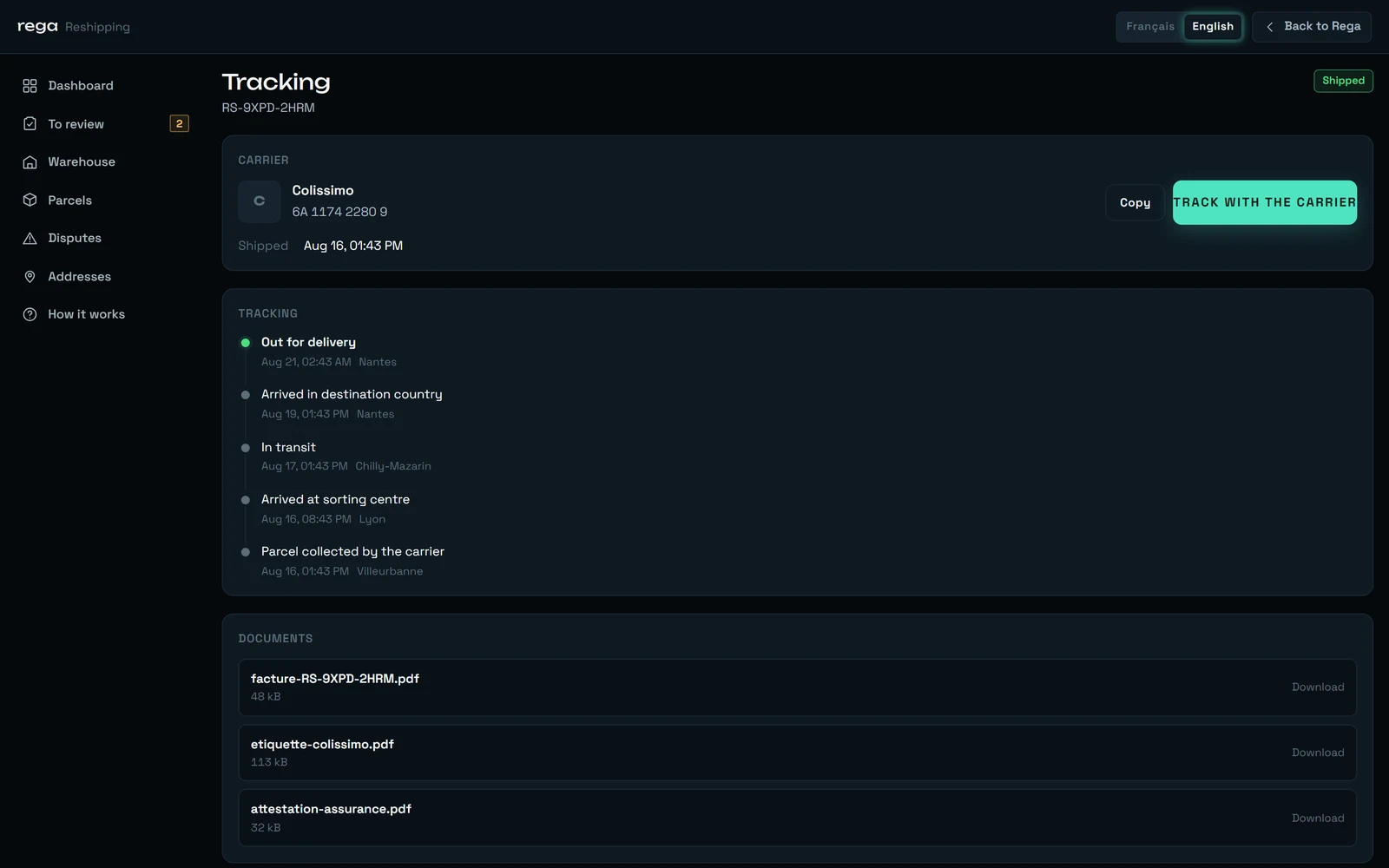 The tracking screen: carrier and tracking number, a dated timeline with the newest event on top, documents, and the share block