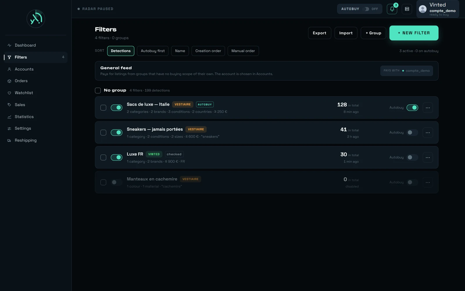 The Filters screen: four filter rows in a single list, three tagged VESTIAIRE and one VINTED, each with an active switch on the left and an Autobuy column on the right