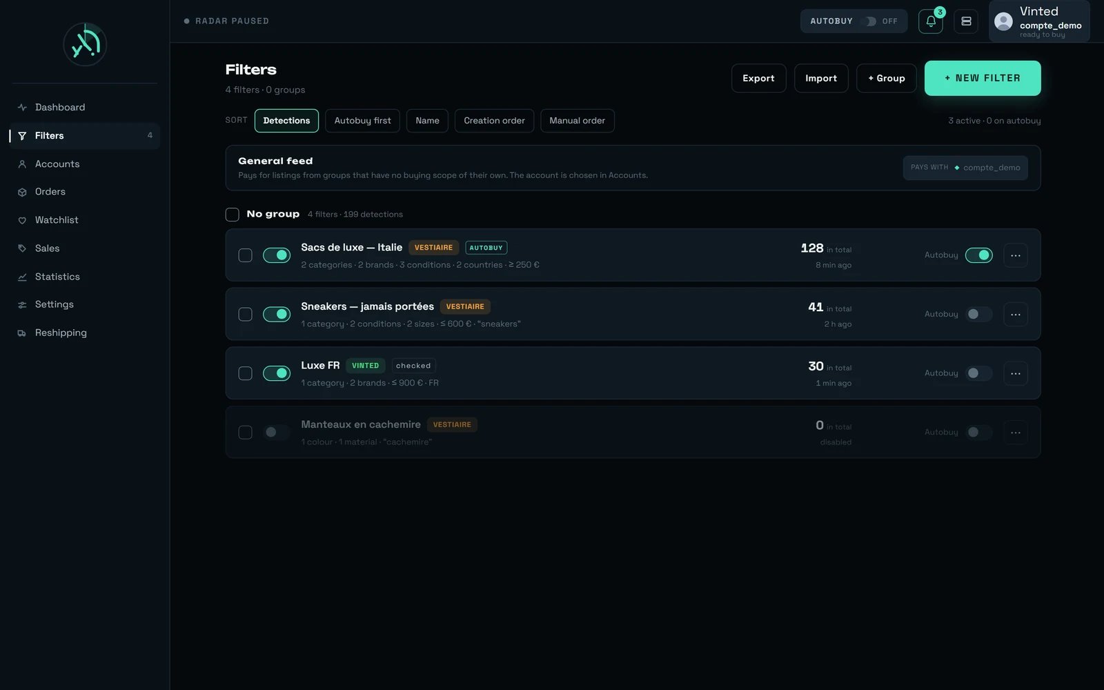 The Filters screen listing filters from both marketplaces, each row carrying a VINTED or a VESTIAIRE pill