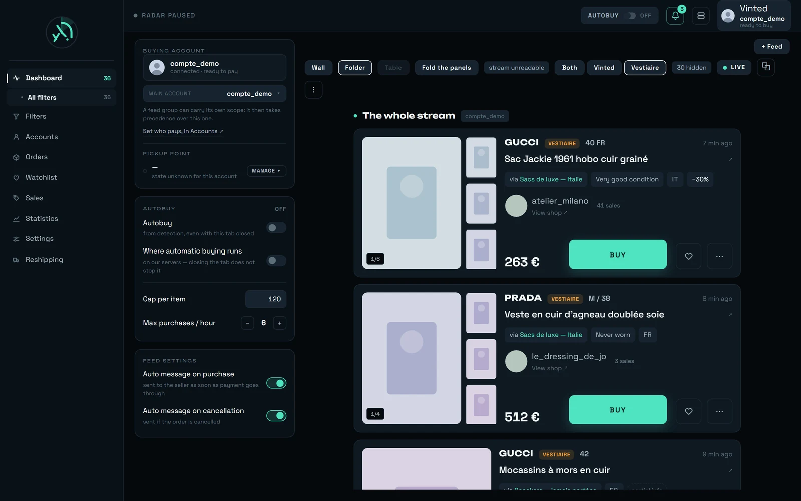 The rega dashboard: a feed of listing cards each tagged VESTIAIRE, with Both, Vinted and Vestiaire chips above the stream and a 30 hidden counter