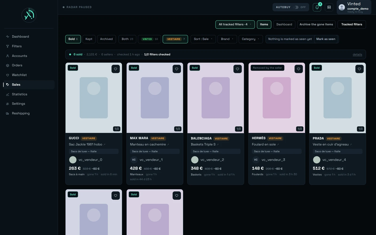 REGA's Sales screen showing sales from two marketplaces, with marketplace filter chips in the toolbar and a marketplace chip on each sale card