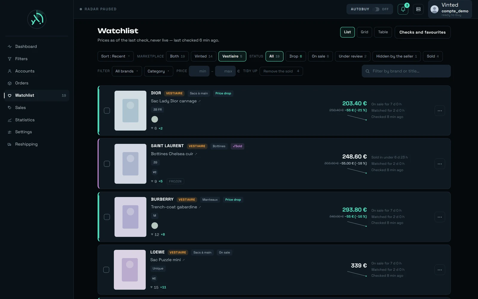REGA's watchlist showing items from two marketplaces, with marketplace filter chips in the toolbar and a marketplace pill on each row