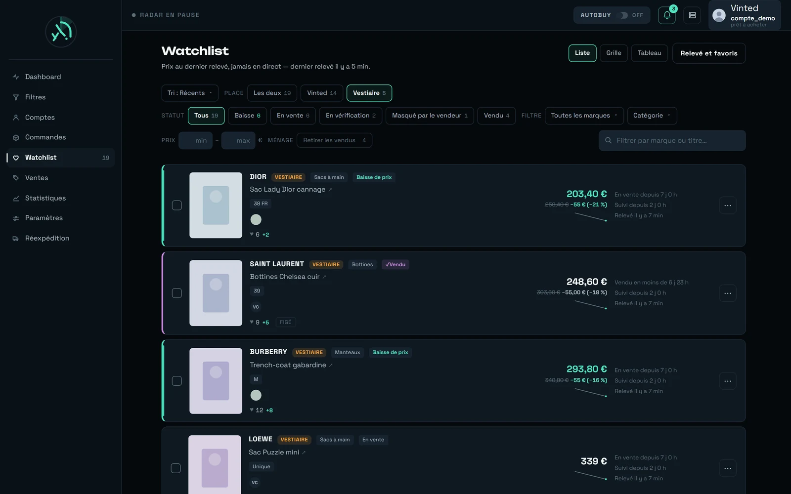 La watchlist de REGA affichant des articles de deux places, avec les pastilles de place dans la barre d'outils et une pastille de place sur chaque ligne