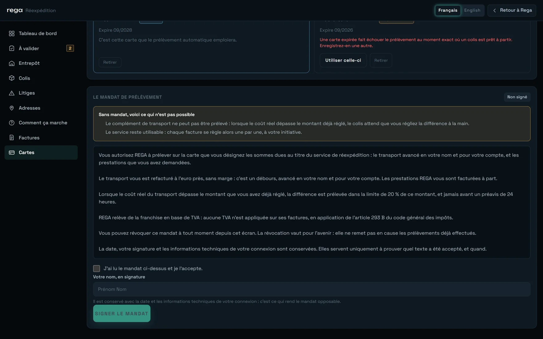 La section du mandat de prélèvement avec la pastille Non signé, le bloc Sans mandat, voici ce qui n'est pas possible, le texte du mandat, la case J'ai lu le mandat ci-dessus et je l'accepte, le champ Votre nom, en signature et le bouton Signer le mandat.