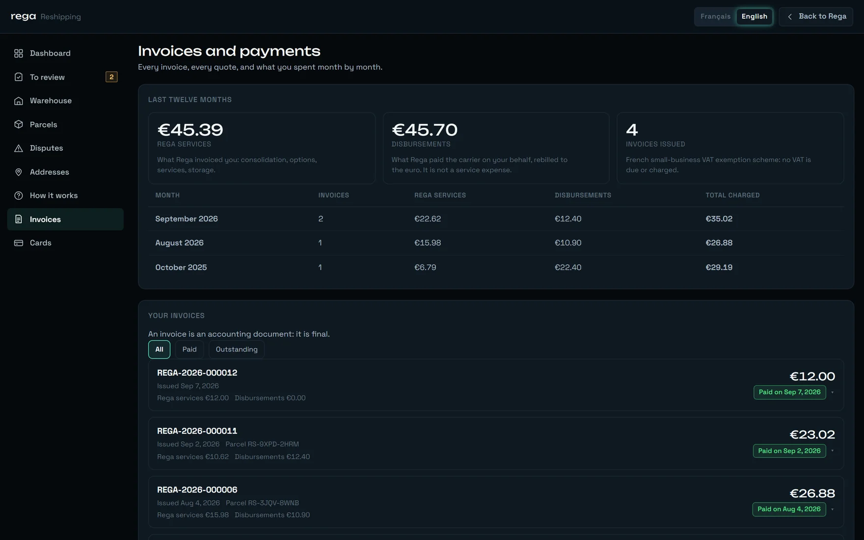 The Invoices and payments screen: three tiles for the last twelve months, the month-by-month table, and the list of invoices marked Paid on