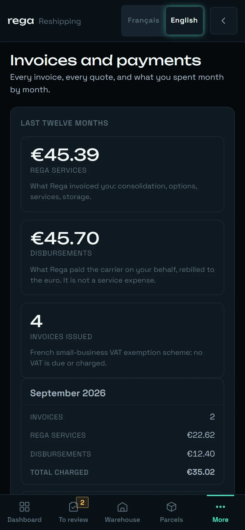 The Invoices and payments screen on a phone-sized screen: the three tiles stacked, the September 2026 month as a card with its four labelled values, and the thumb bar ending with More.