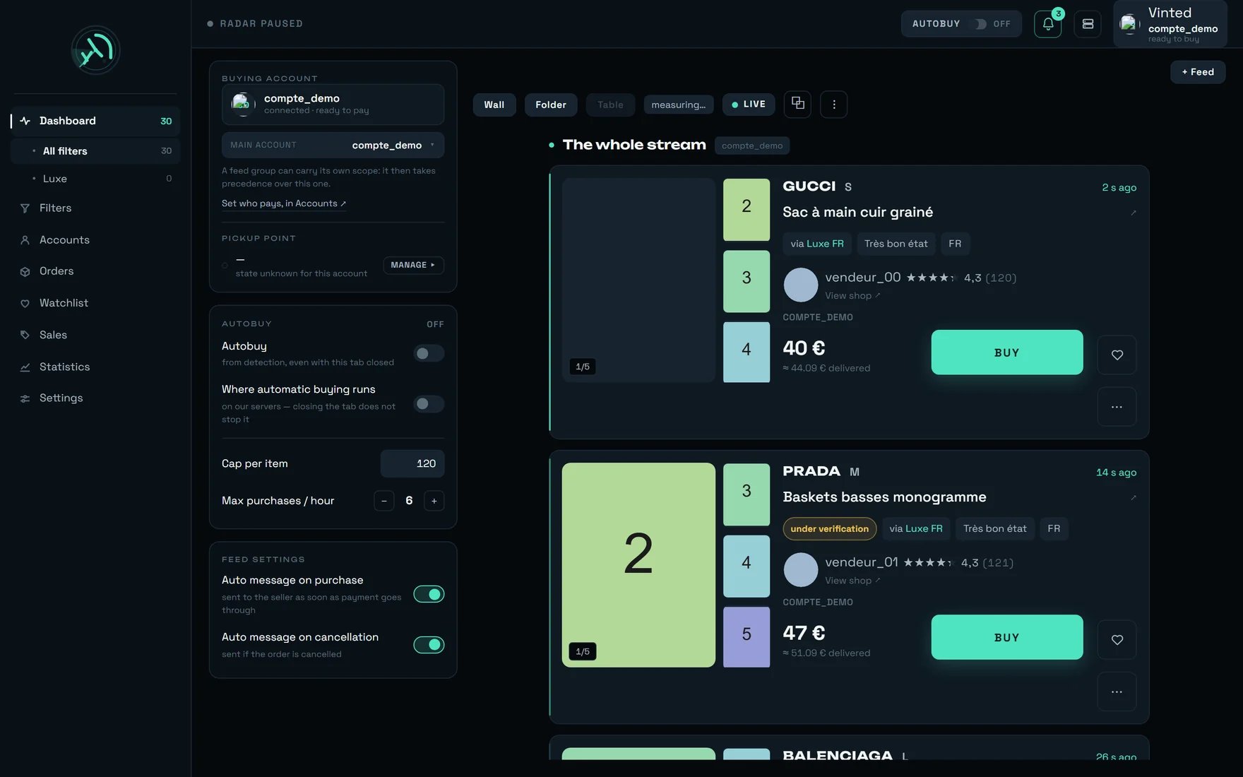 rega's dashboard, with the settings panel on the left and the stream of listings in the centre