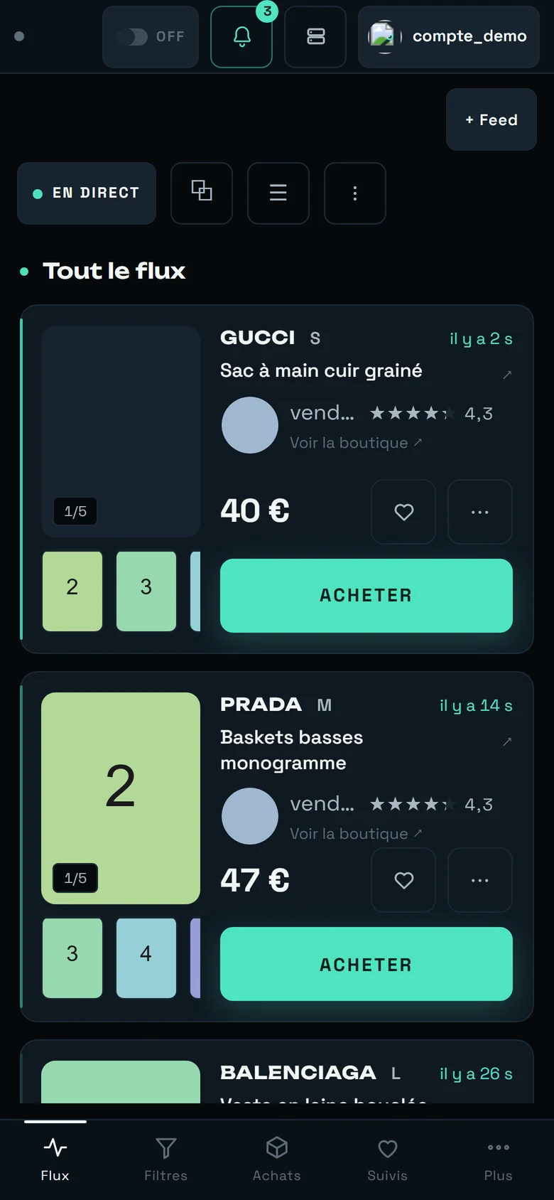 Le tableau de bord de REGA sur téléphone, avec la barre de navigation Flux, Filtres, Achats, Suivis, Plus