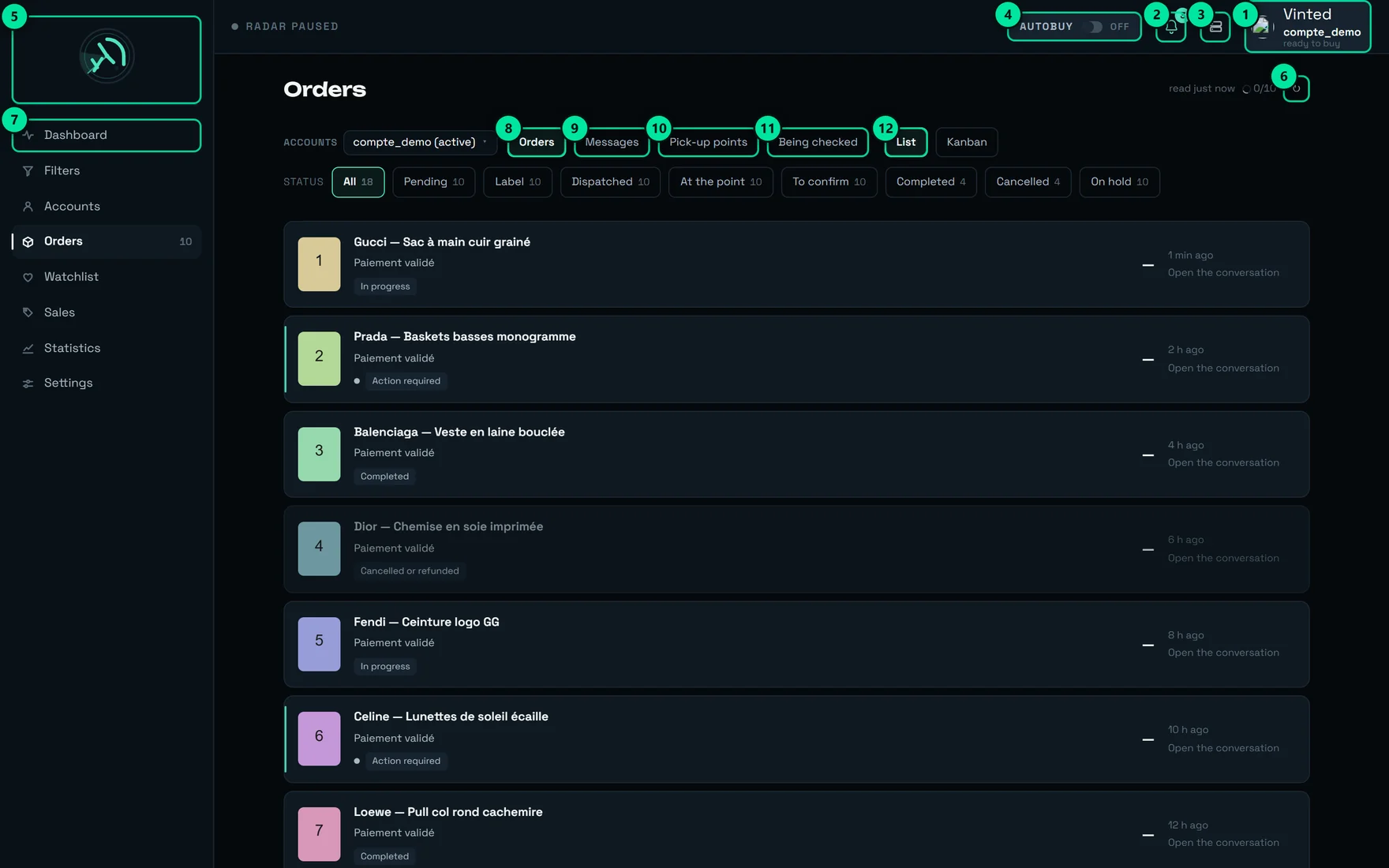 Orders screen annotated with numbered markers