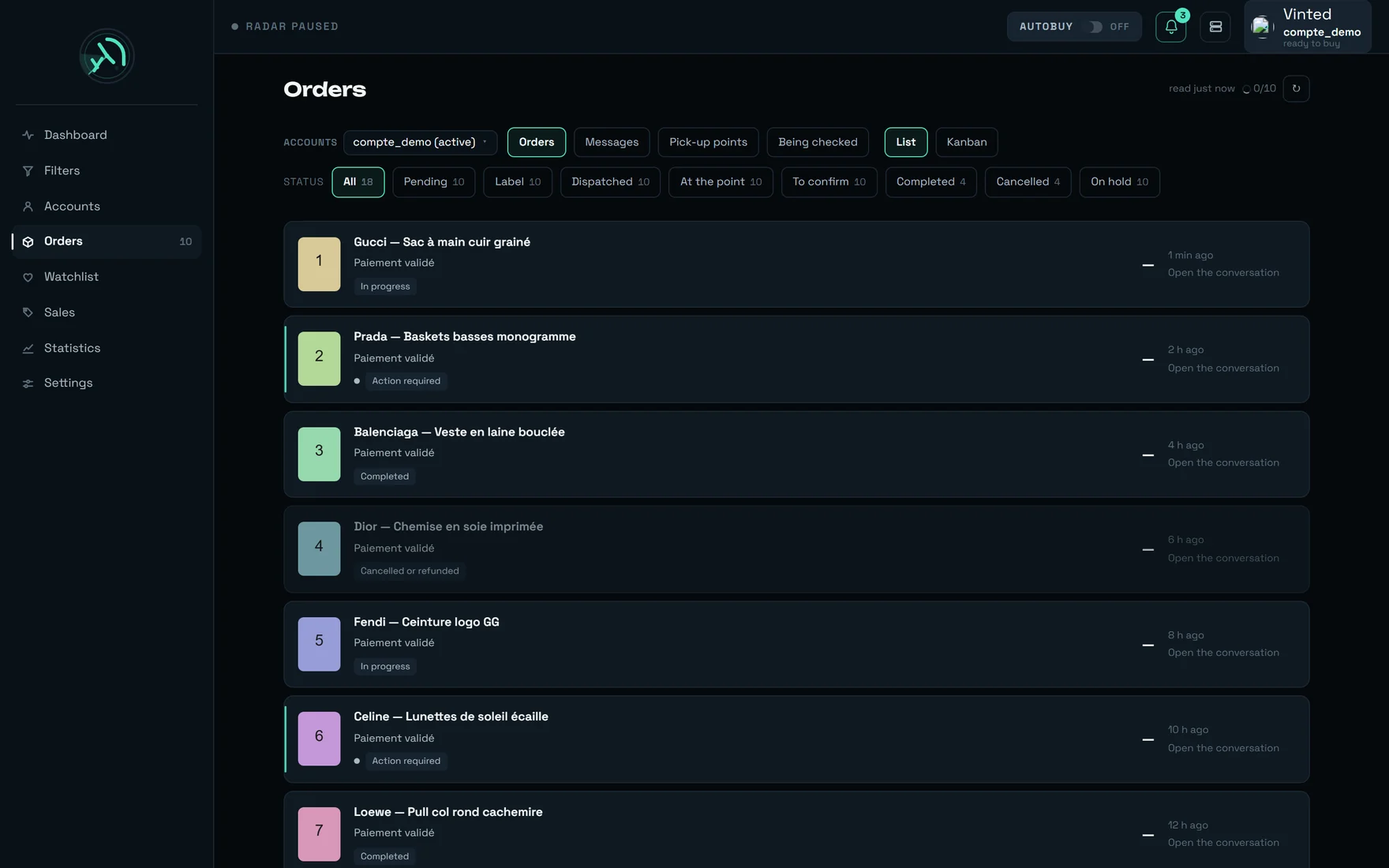 REGA's Orders screen: the ACCOUNTS bar, the four views, the STATUS bar and the list of purchases.