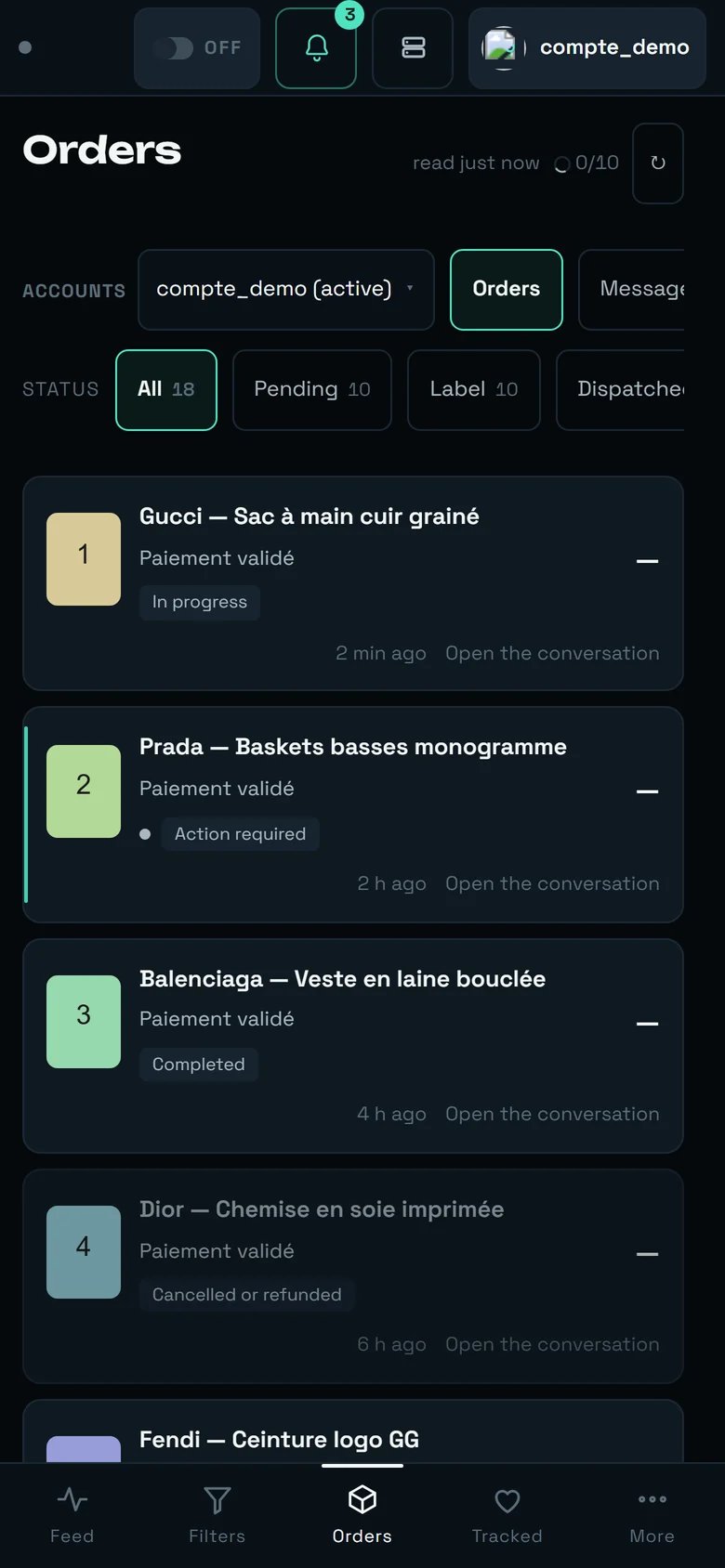 The REGA Orders screen on a phone, four orders visible