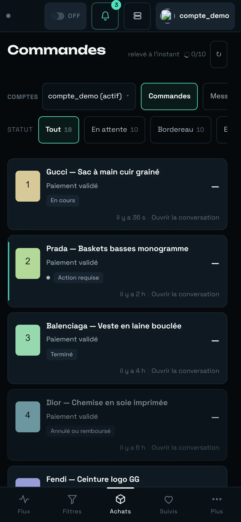 L'écran Commandes de REGA sur un écran de téléphone.