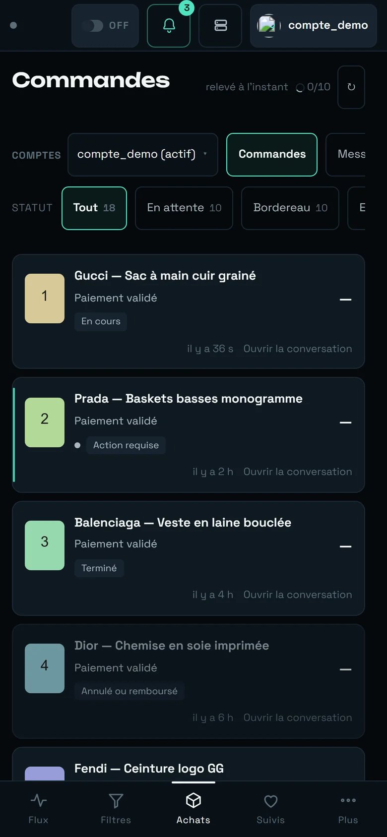 L'écran Achats de REGA sur téléphone, quatre commandes visibles